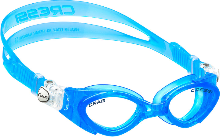 Translucent blue swim goggles