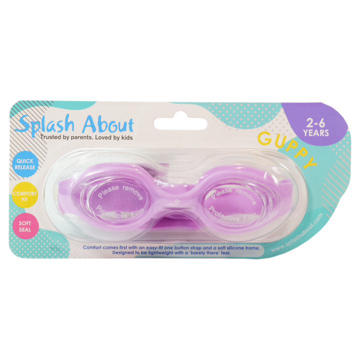 Lilac swim goggles in their packaging