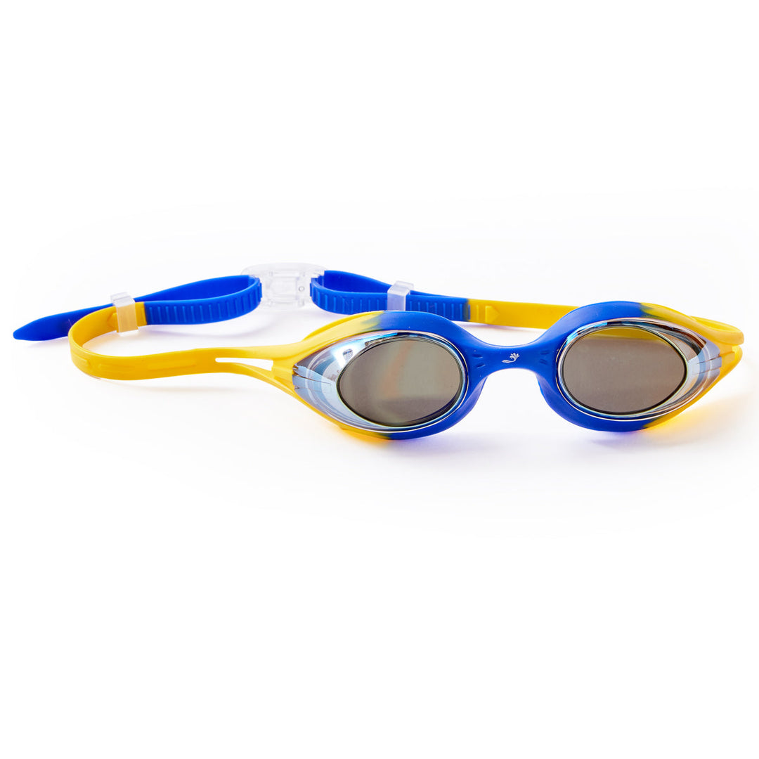 Blue and yellow swim goggles, side view