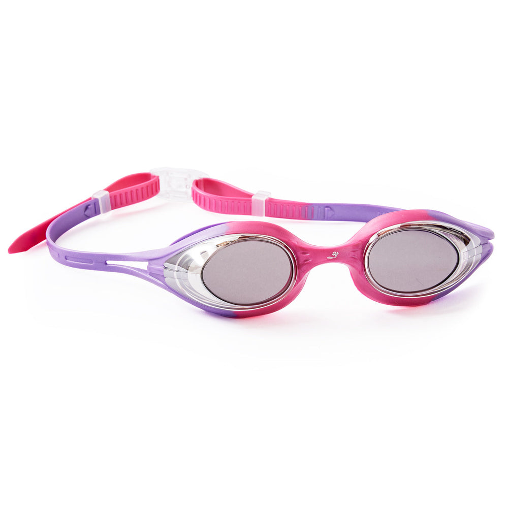 Pink and lilac swim goggles, side view