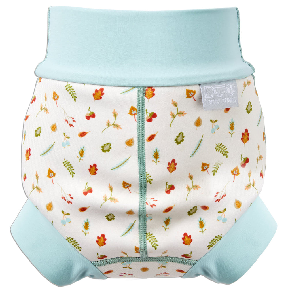 Reusable swim nappy in white with light blue ribs and Autumn themed print. Back.