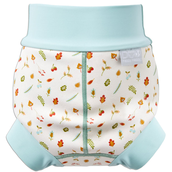 Reusable swim nappy in white with light blue ribs and Autumn themed print. Back.