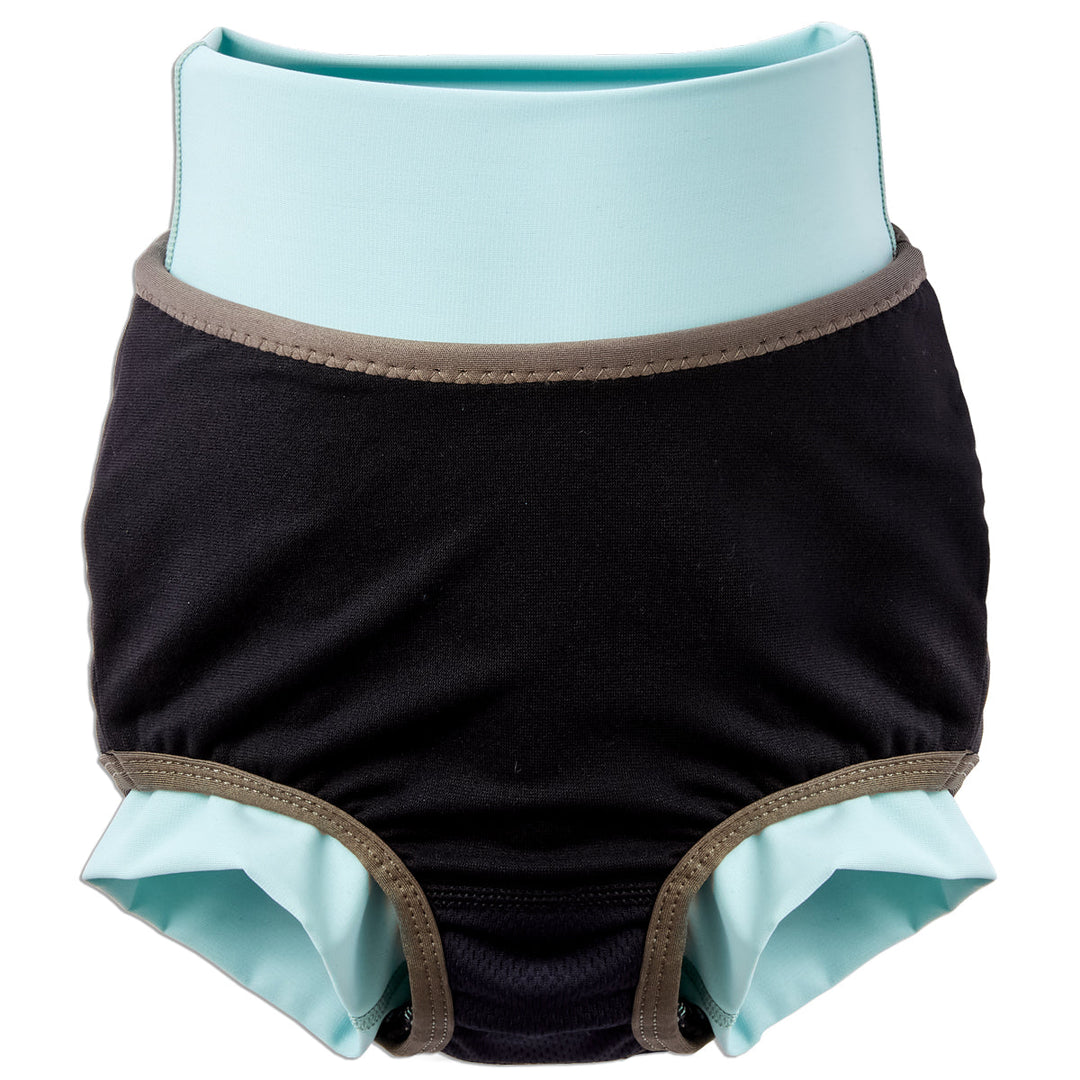 Reusable swim nappy in white with light blue ribs and Autumn themed print. Inside out.