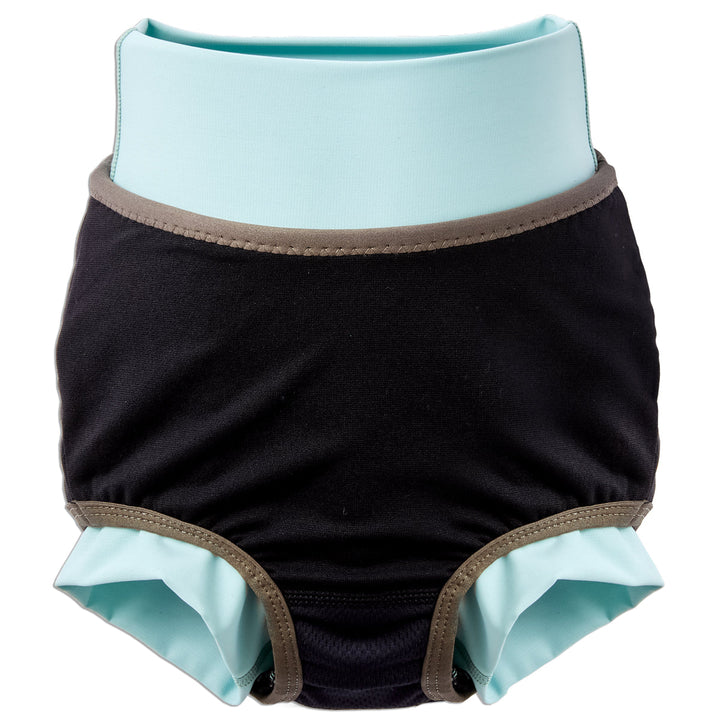 Reusable swim nappy in white with light blue ribs and Autumn themed print. Inside out.