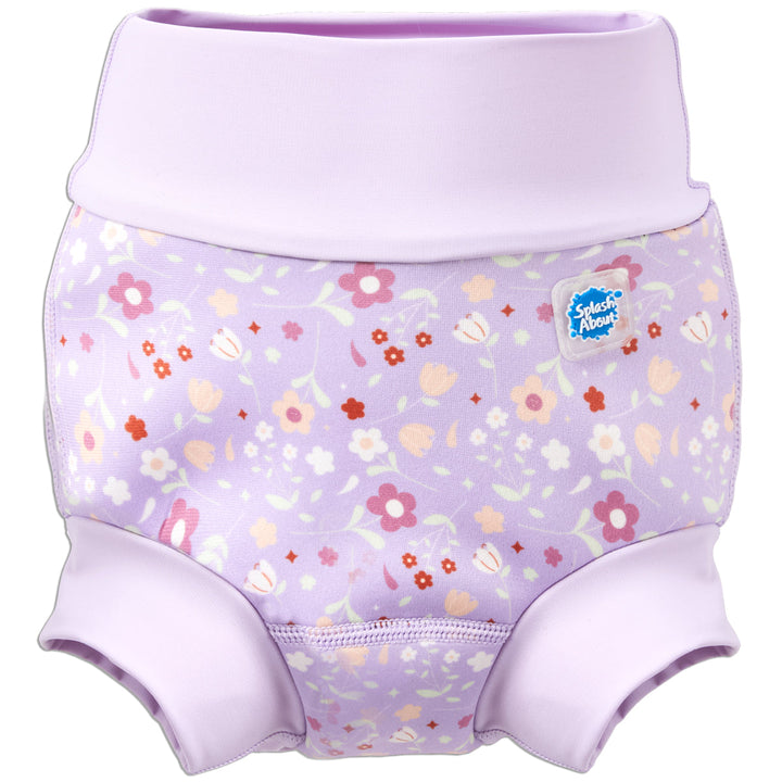 Reusable swim nappy in lilac and floral themed print. Front.