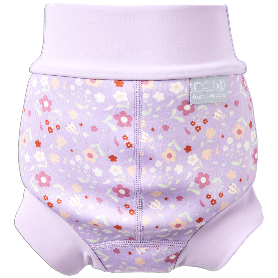Reusable swim nappy in lilac and floral themed print. Back.