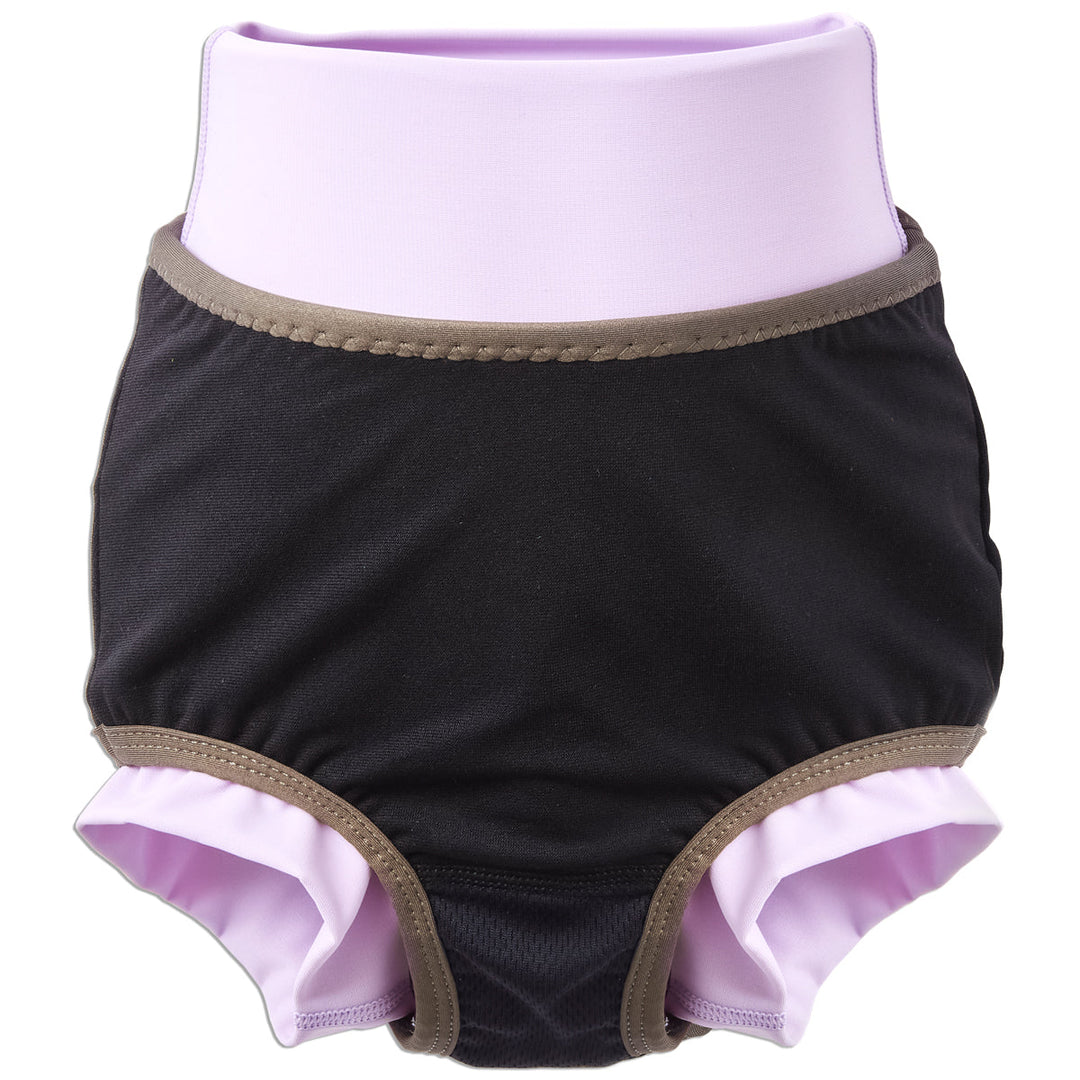Reusable swim nappy in lilac and floral themed print. Inside out.