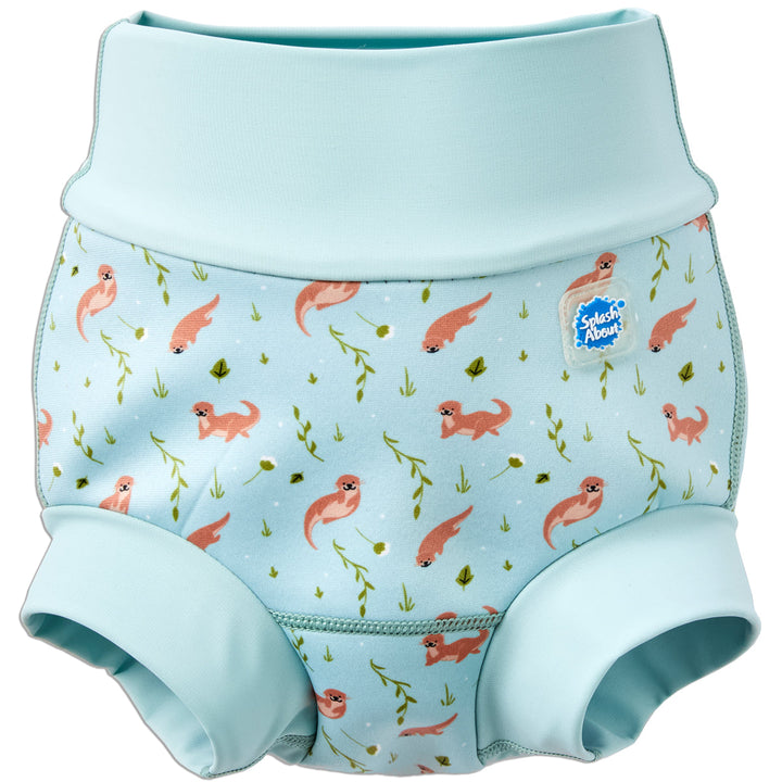 Reusable swim nappy in light blue and otters themed print. Front.