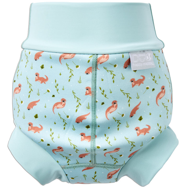 Reusable swim nappy in light blue and otters themed print. Back.