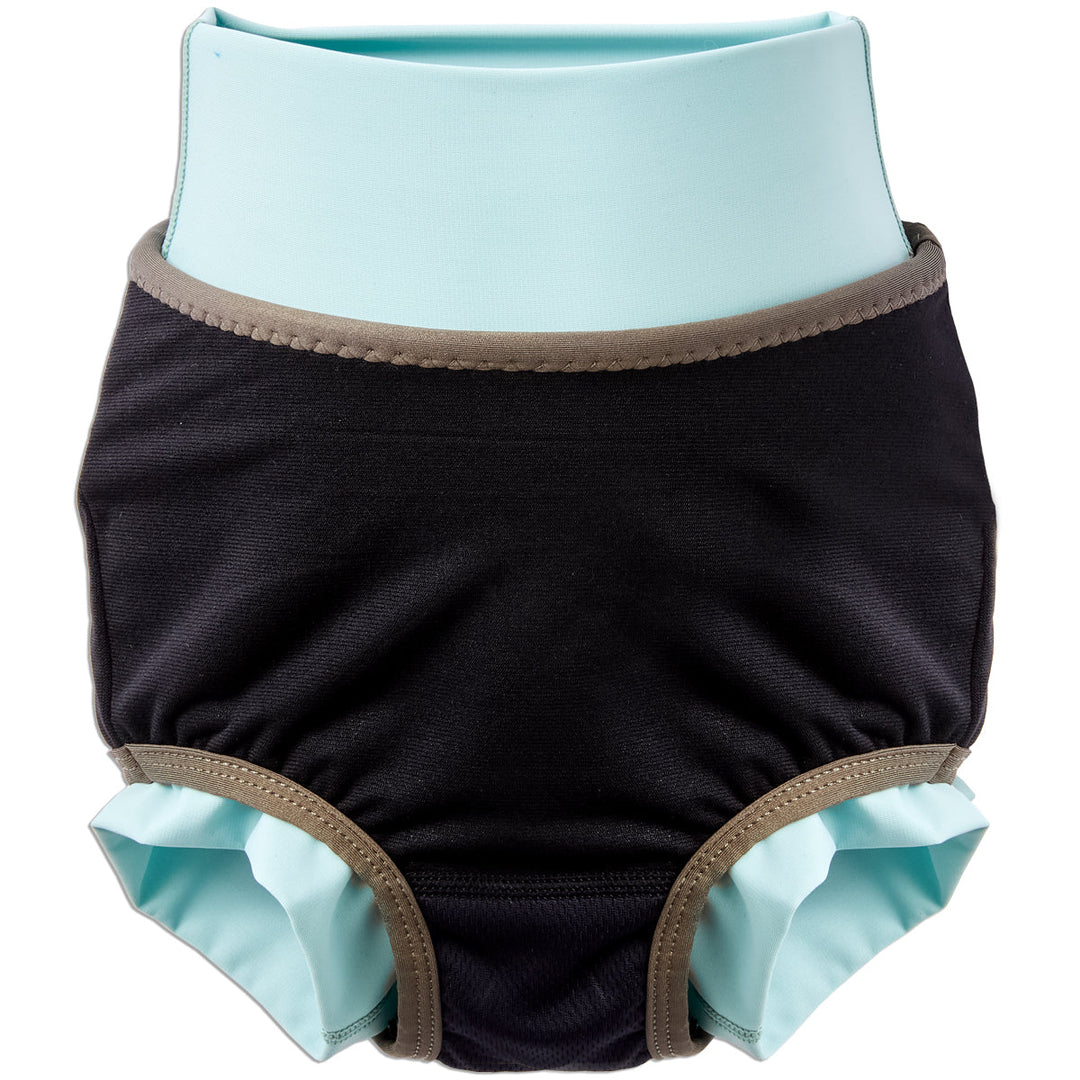 Reusable swim nappy in light blue and otters themed print. Inside out.