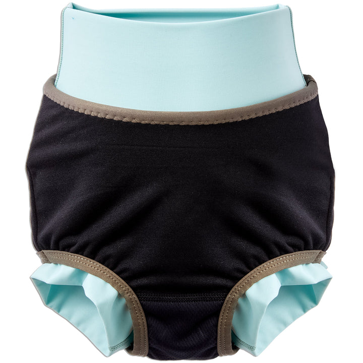 Reusable swim nappy in light blue and otters themed print. Inside out.