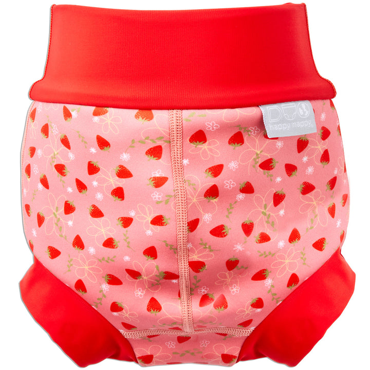 Reusable swim nappy in pink with red ribs and strawberries themed print. Back.