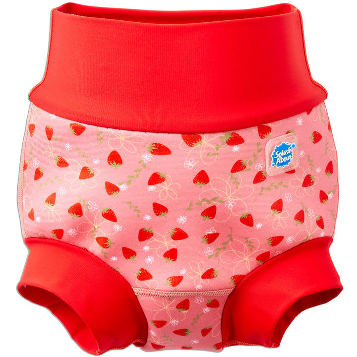 Reusable swim nappy in pink with red ribs and strawberries themed print. Front.