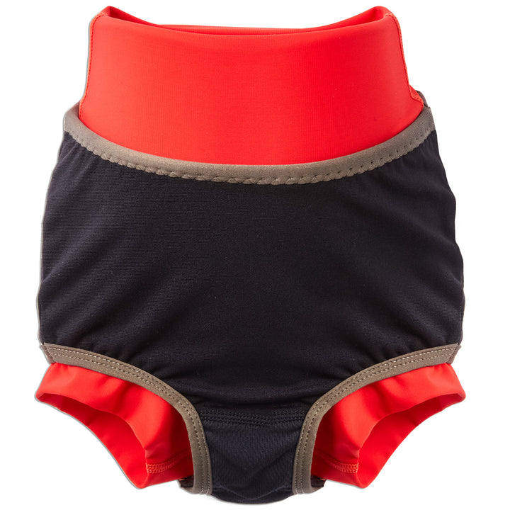 Reusable swim nappy in pink with red ribs and strawberries themed print. Inside out.