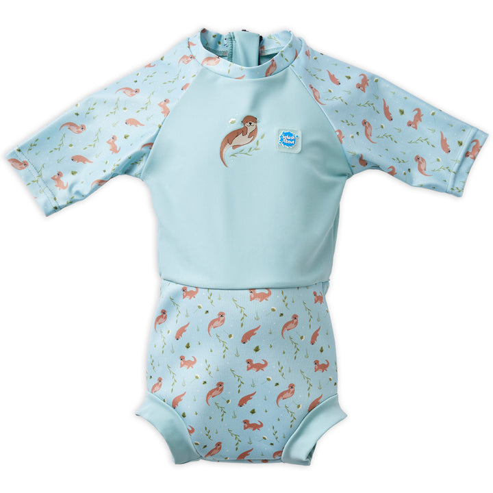 Happy Nappy Sunsuit in light blue and otters themed print. Front.