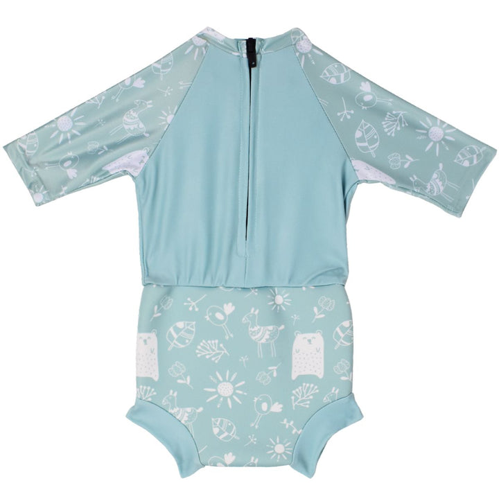 Happy Nappy Sunsuit in greenish blue and white, and animals themed print including bears, birds and llamas. Back.