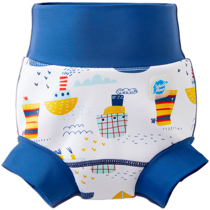 Happy Nappy in white with navy blue trims, featuring boats themed print. Front.