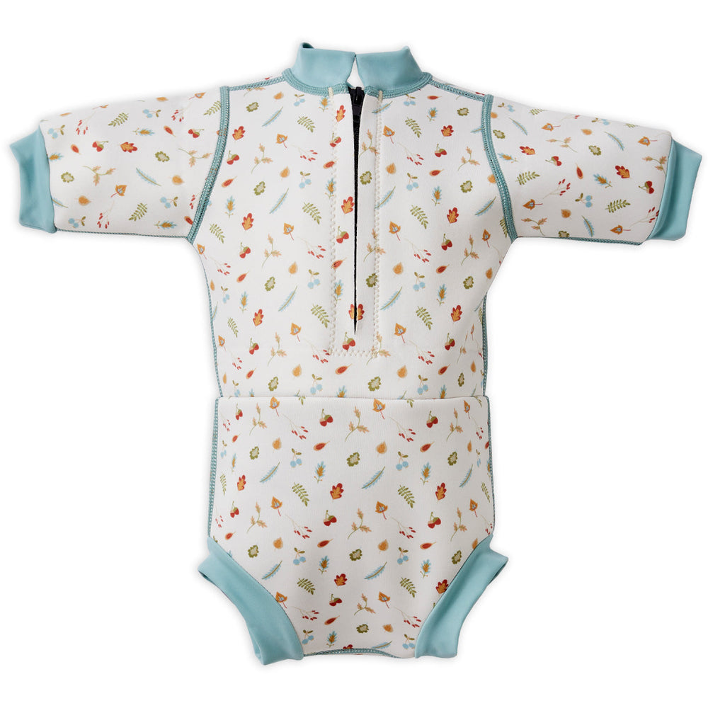 Baby wetsuit with built in swim nappy in white with light blue trims and leaves and acorns themed print. Back.