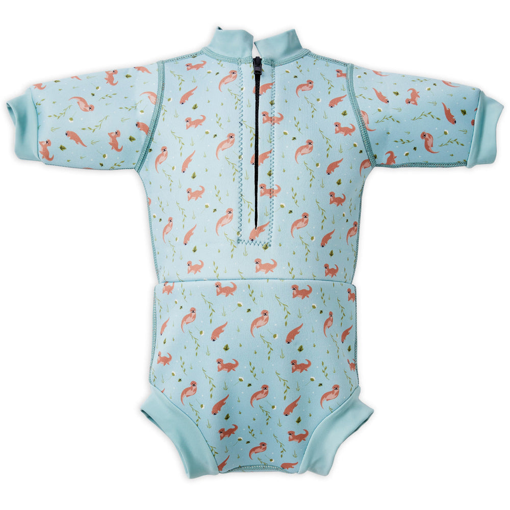 Baby wetsuit with built in swim nappy in light blue with otters themed print. Back.