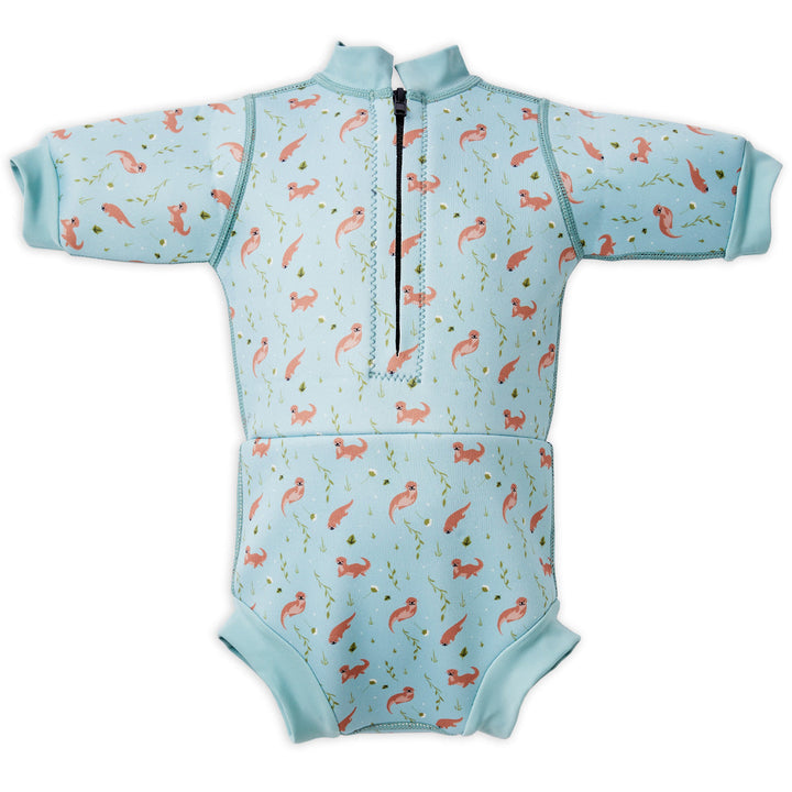 Baby wetsuit with built in swim nappy in light blue with otters themed print. Back.