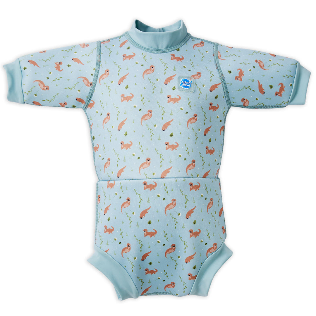 Baby wetsuit with built in swim nappy in light blue with otters themed print. Front.