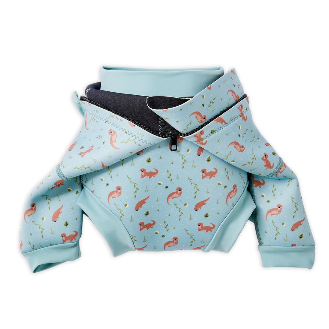 Baby wetsuit with built in swim nappy in light blue with otters themed print. Built-in nappy.