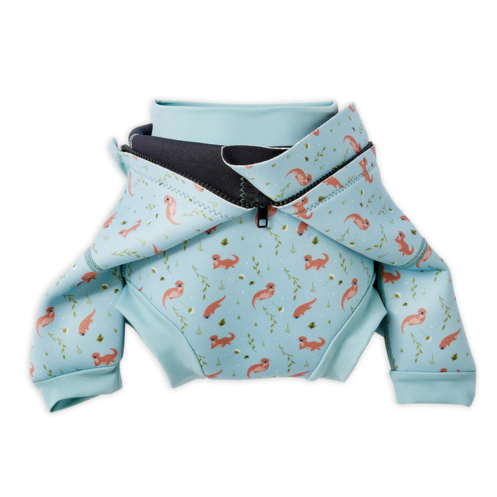 Baby wetsuit with built in swim nappy in light blue with otters themed print. Built-in nappy.