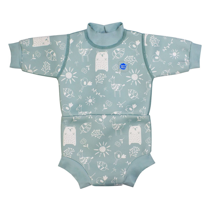 Baby wetsuit with built in swim nappy in greenish blue with animals themed print, including bears, birds and llamas. Front.