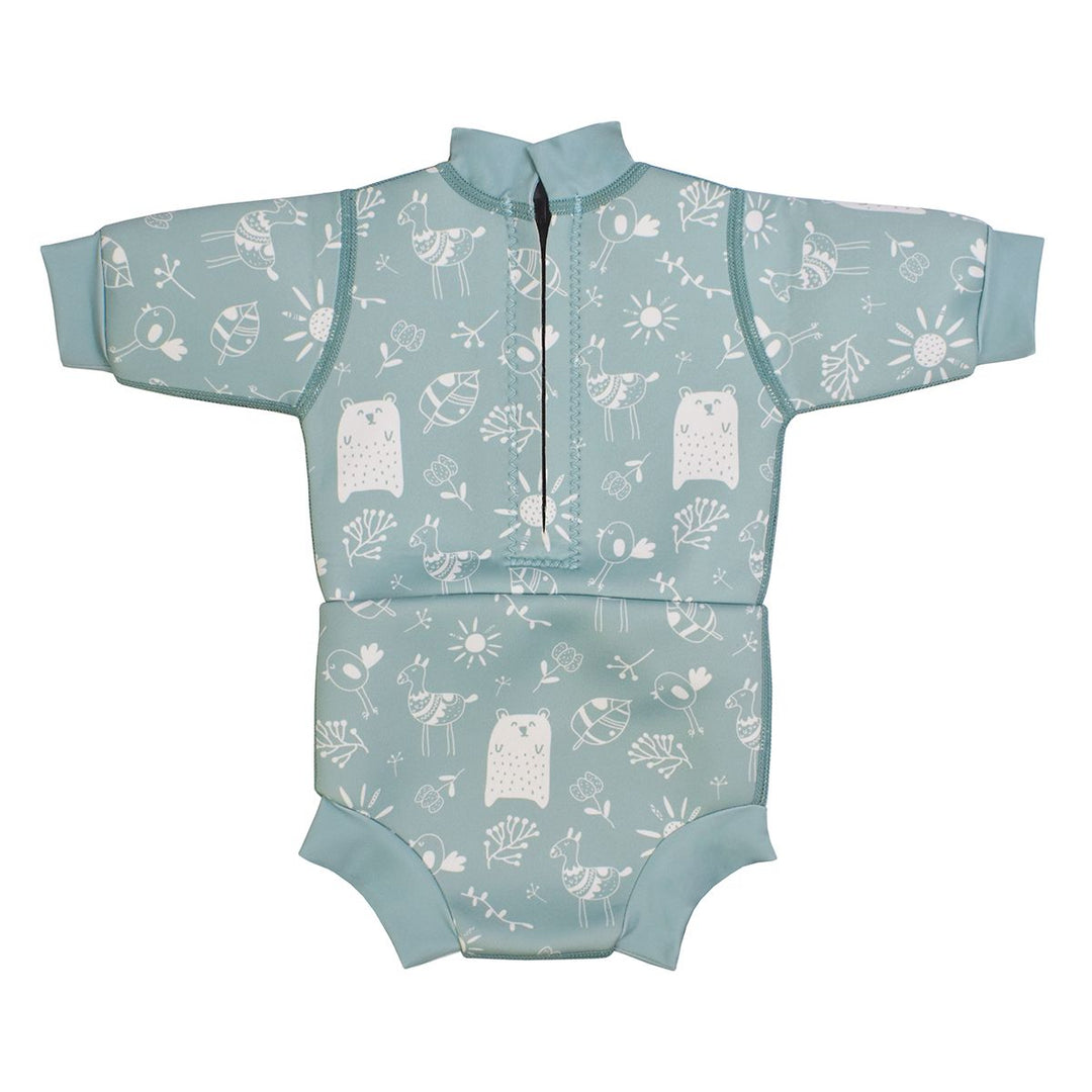Baby wetsuit with built in swim nappy in greenish blue with animals themed print, including bears, birds and llamas. Back.