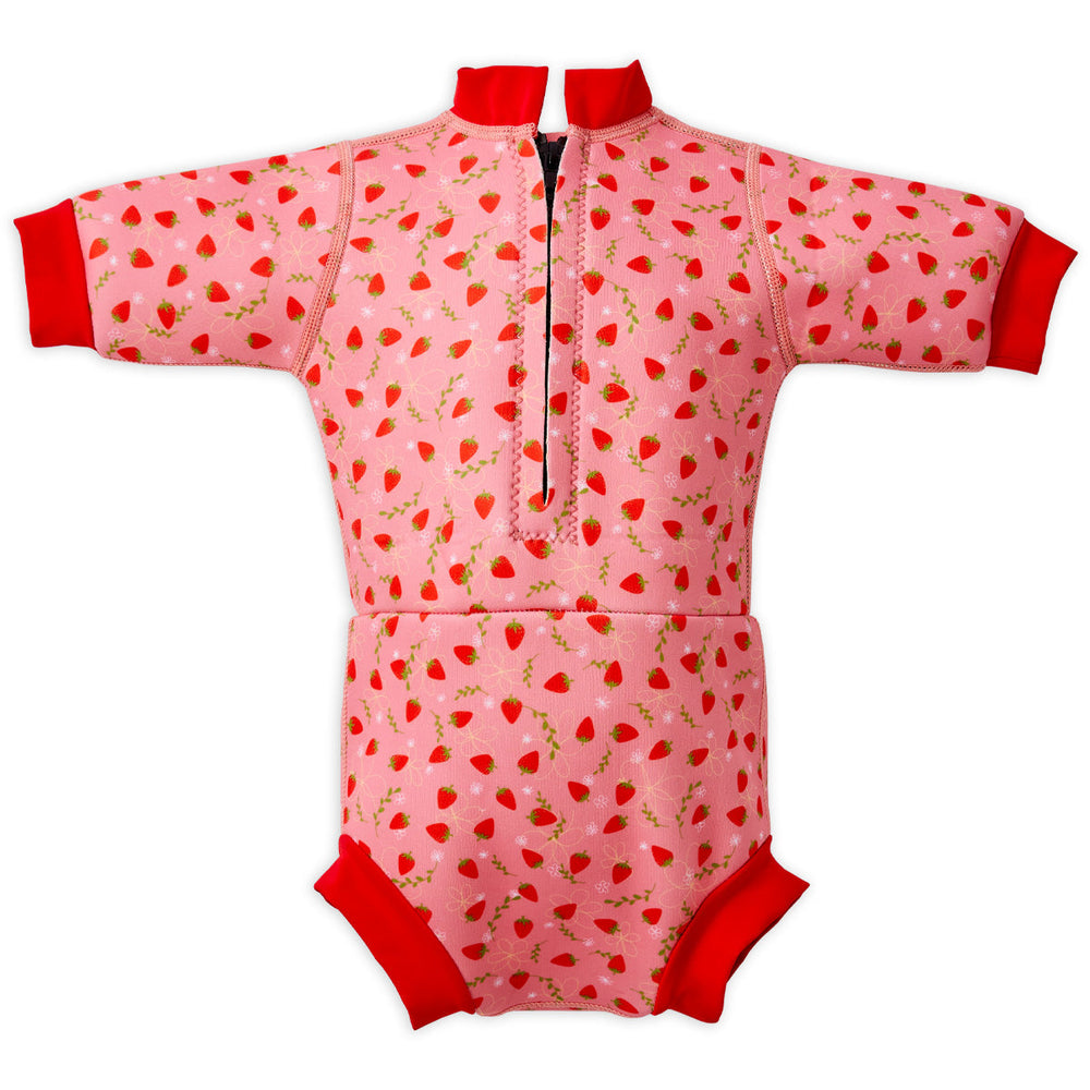 Baby wetsuit with built in swim nappy in pink with red trims and strawberries themed print. Back.