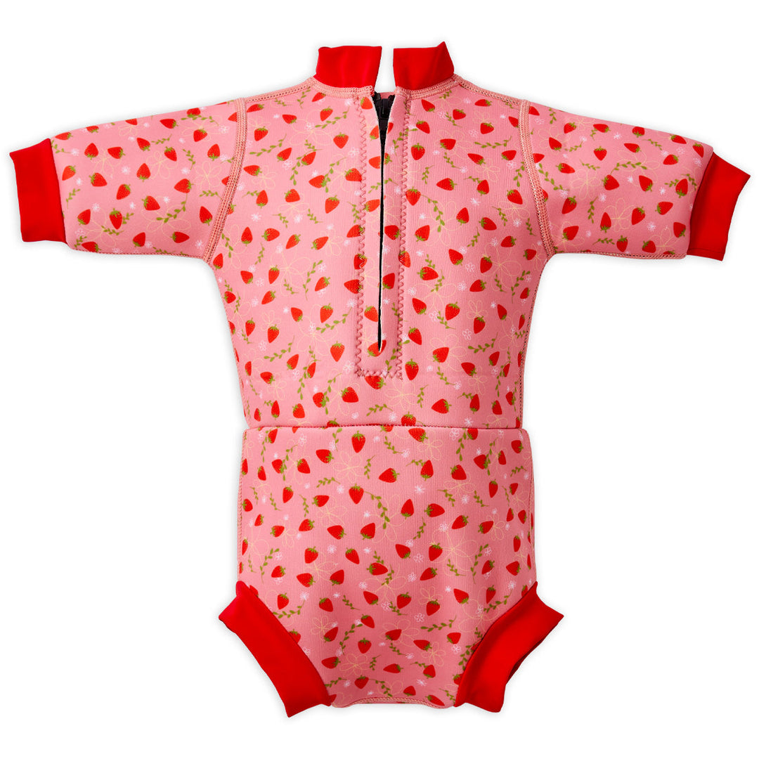 Baby wetsuit with built in swim nappy in pink with red trims and strawberries themed print. Back.