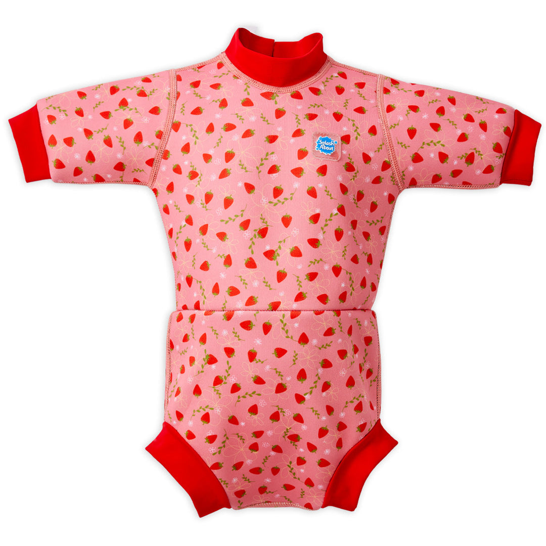 Baby wetsuit with built in swim nappy in pink with red trims and strawberries themed print. Front.