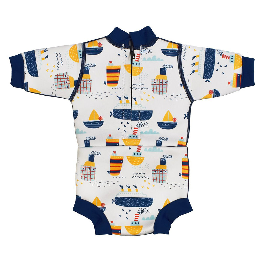 Baby wetsuit with built in swim nappy in white with navy trims and boats themed print. Back.