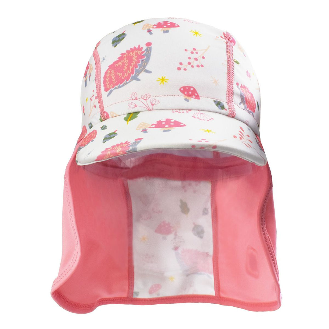 Legionnaire style sun hat in pink and white, with forest themed print panel including hedgehogs, mushrooms and leaves. Front.
