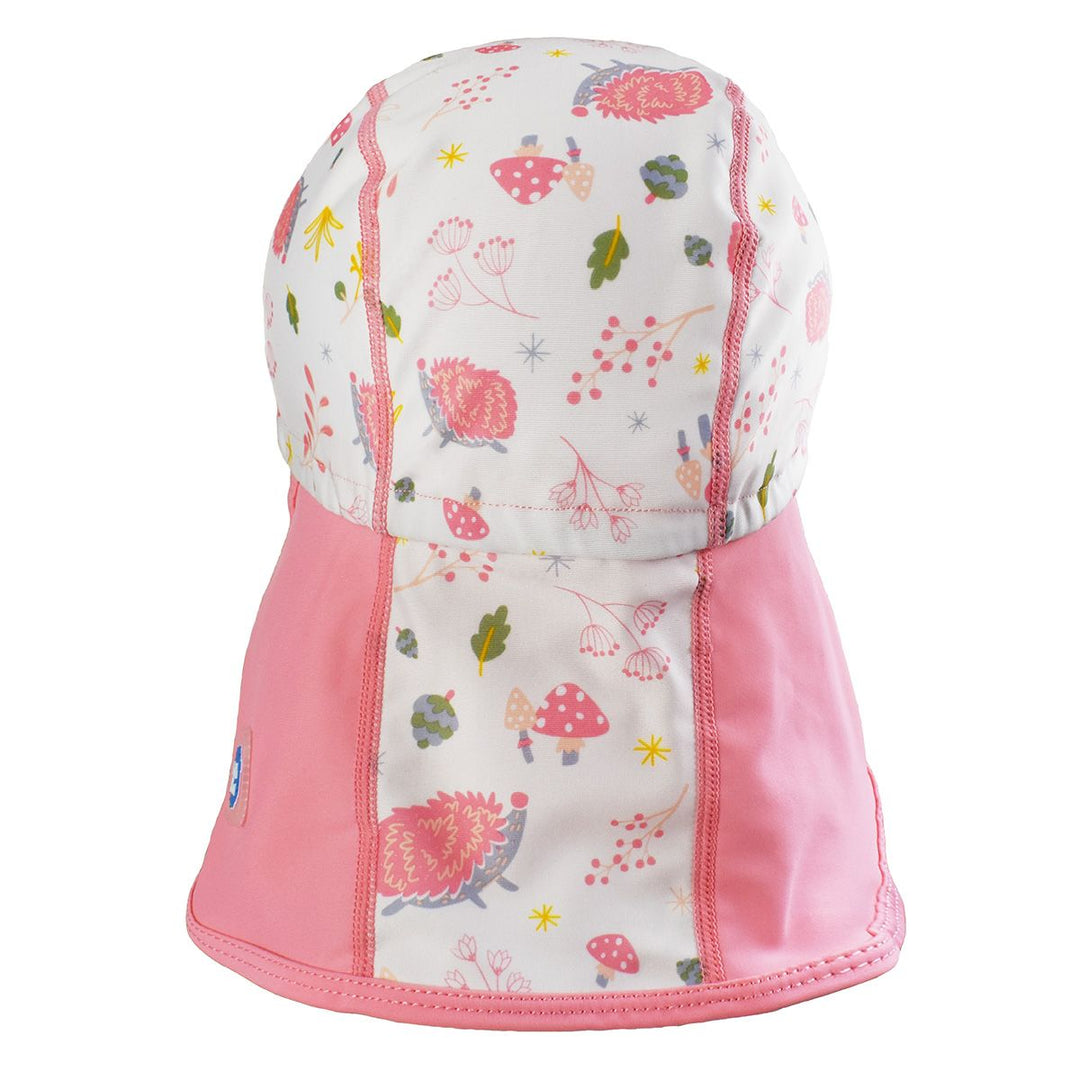 Legionnaire style sun hat in pink and white, with forest themed print panel including hedgehogs, mushrooms and leaves. Back.