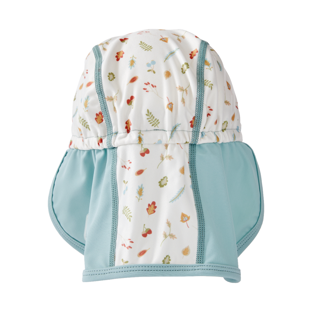 Legionnaire style sun hat in light blue and white, with acorns and leaves themed print panel. Back.