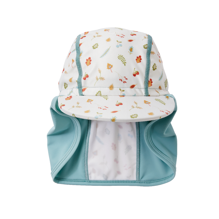 Legionnaire style sun hat in light blue and white, with acorns and leaves themed print panel. Front.