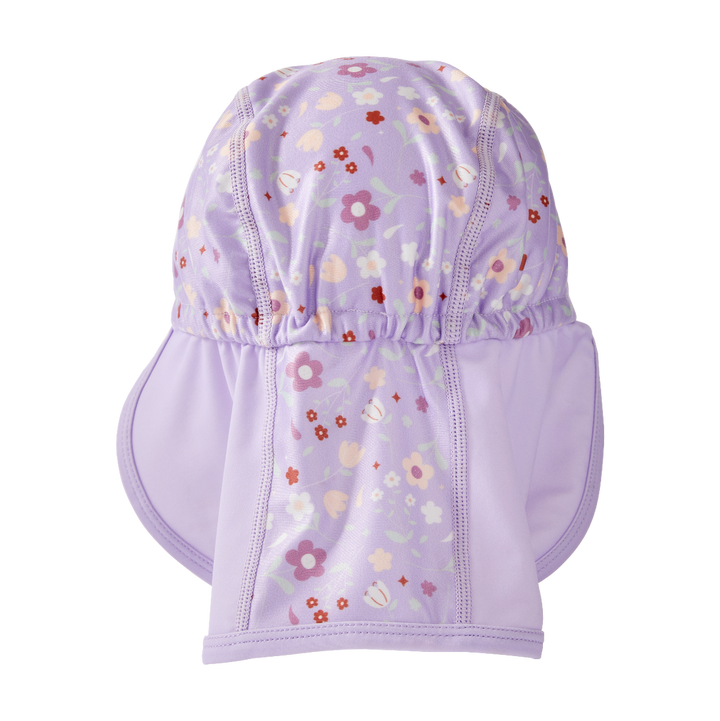 Legionnaire style sun hat in lilac, with floral themed print panel. Back.
