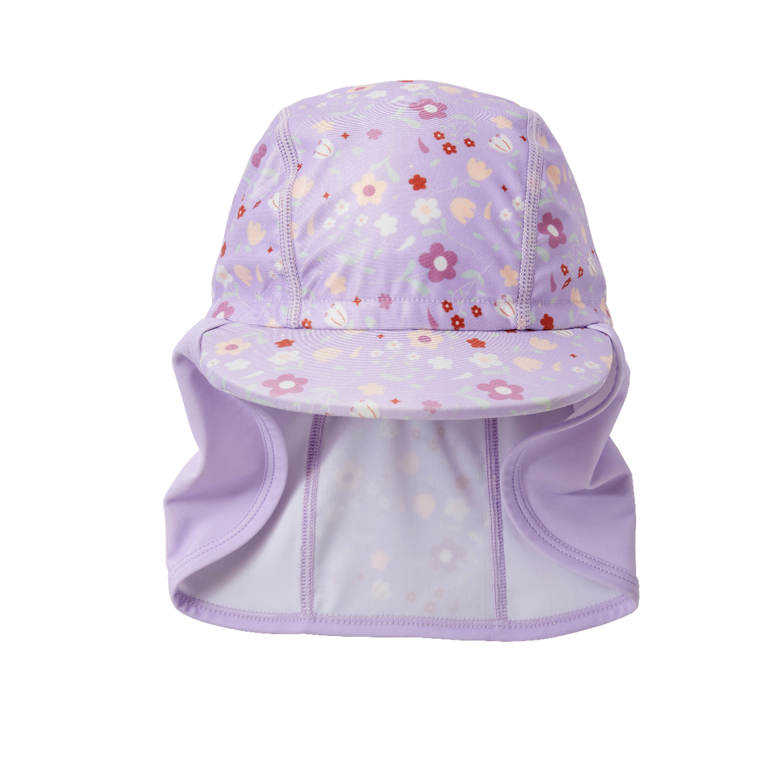 Legionnaire style sun hat in lilac, with floral themed print panel. Front.