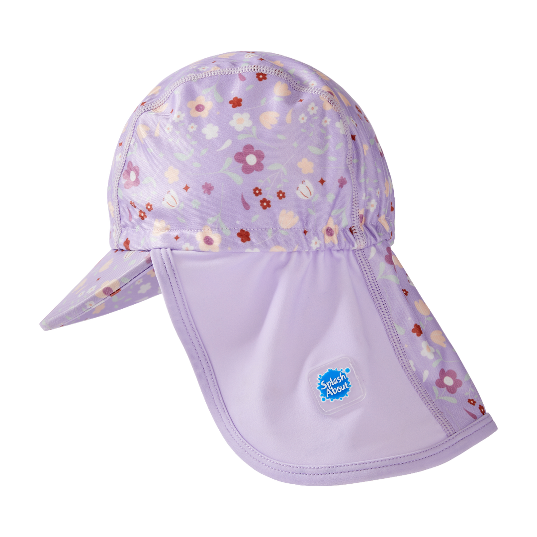 Legionnaire style sun hat in lilac, with floral themed print panel. Side.