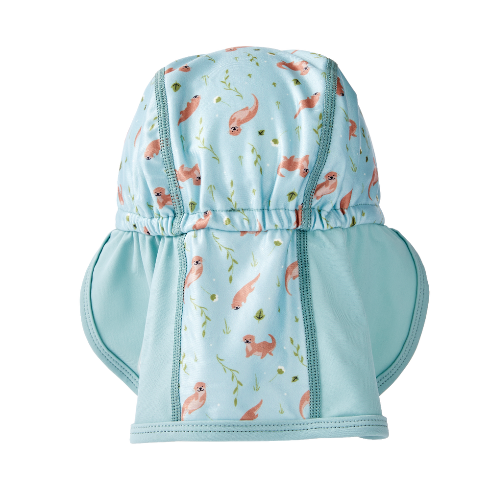 Legionnaire style sun hat in light blue, with otters themed print panel. Back.