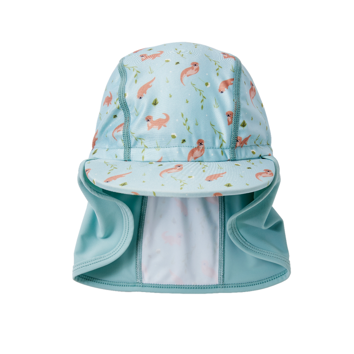Legionnaire style sun hat in light blue, with otters themed print panel. Front.