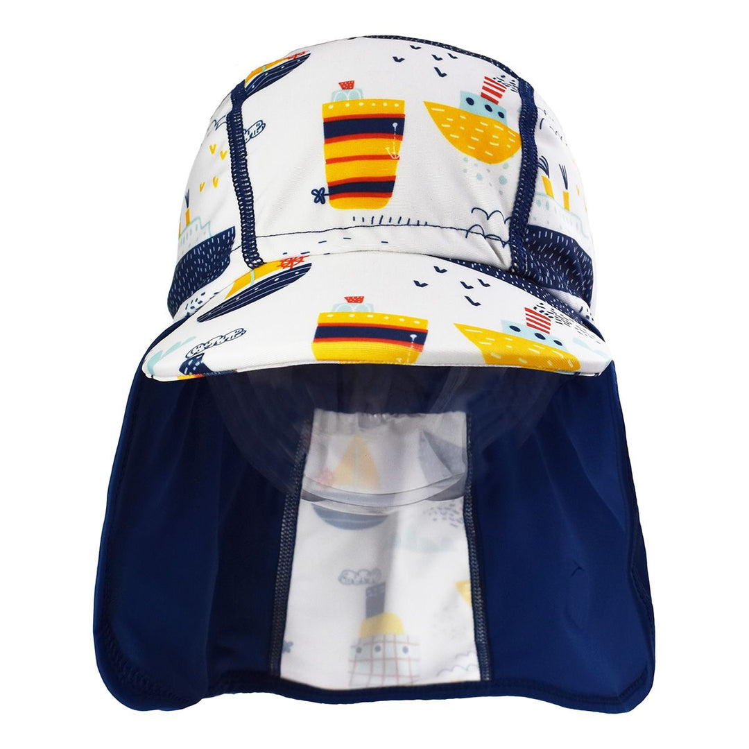 Legionnaire style sun hat in navy and white, with boats themed print panel. Front.