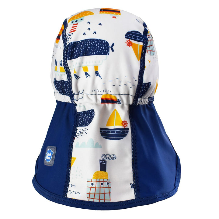 Legionnaire style sun hat in navy and white, with boats themed print panel. Back.