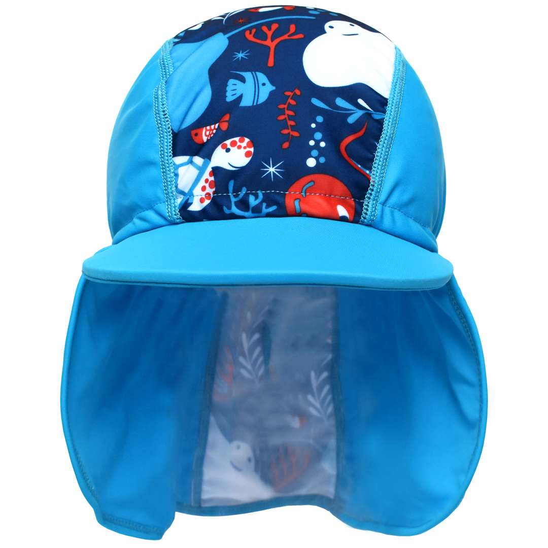 Legionnaire style sun hat in cyan and navy blue, with under the sea themed print panel. Front.