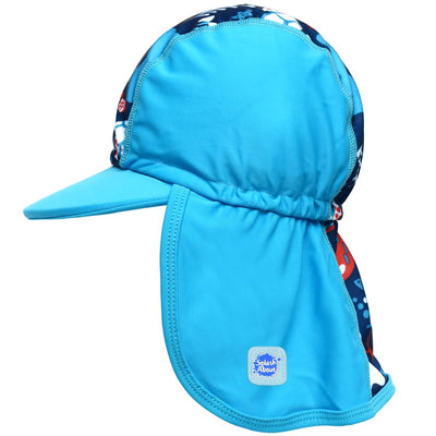 Legionnaire style sun hat in cyan and navy blue, with under the sea themed print panel. Side.