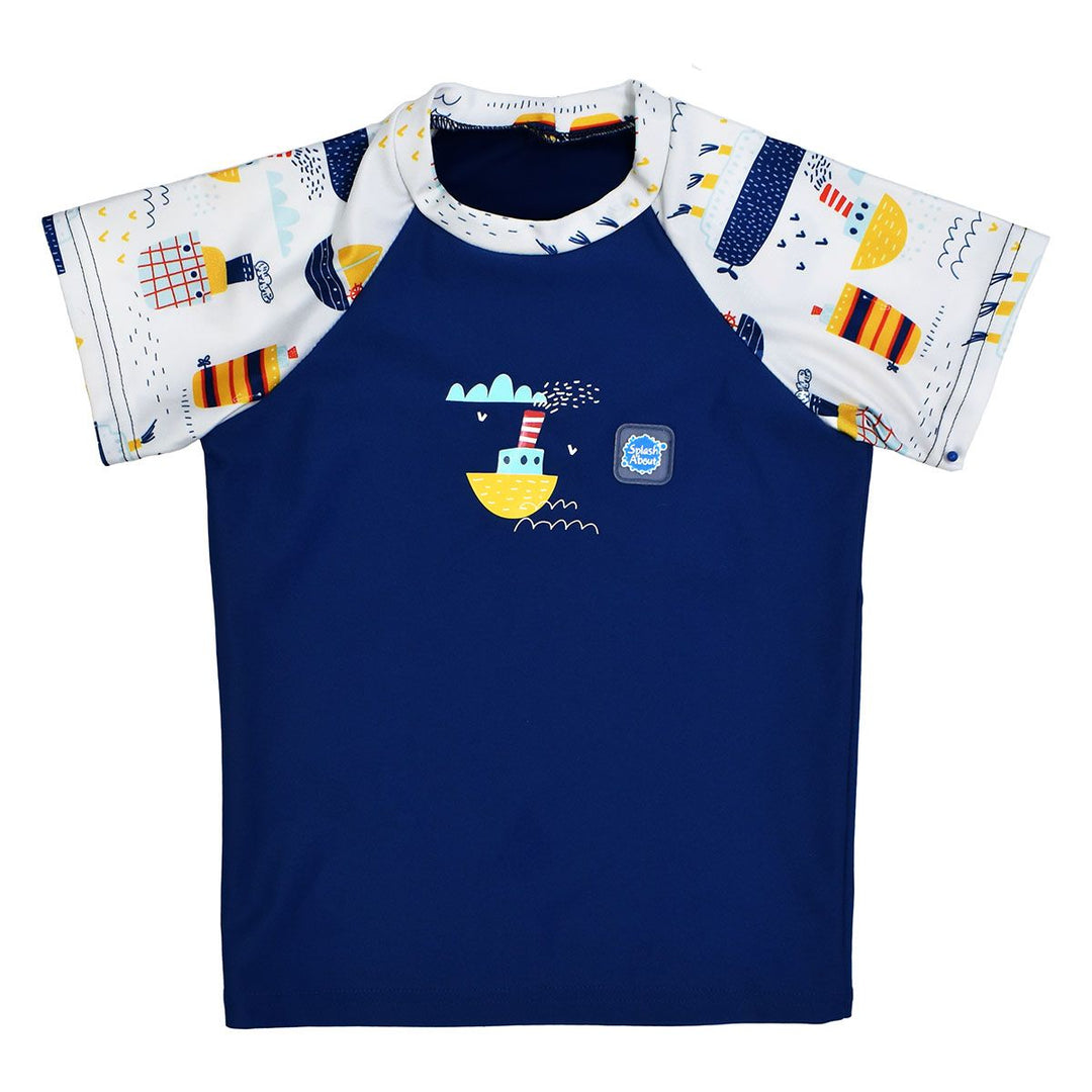 UV protective short sleeve rash top in blue, and boats themed print on the chest and sleeves. Front.