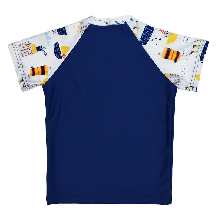 UV protective short sleeve rash top in blue, and boats themed print on the chest and sleeves. Back.