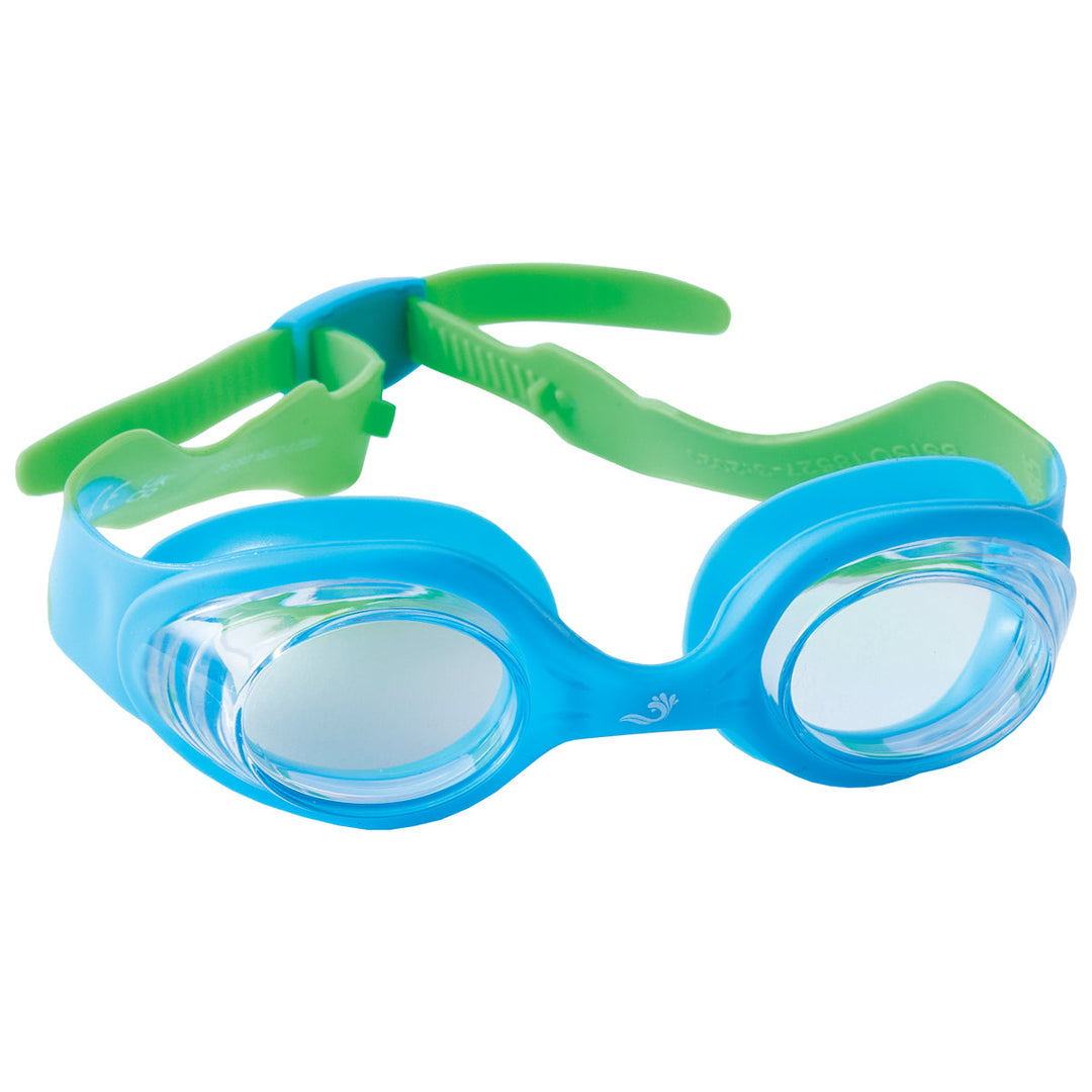 Green and blue swim goggles, side view