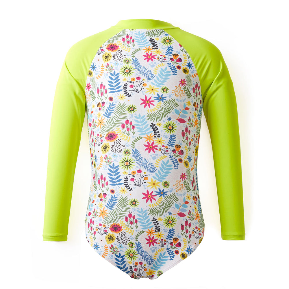Colourful jungle themed swimsuit with long sleeves in bright lime, back.